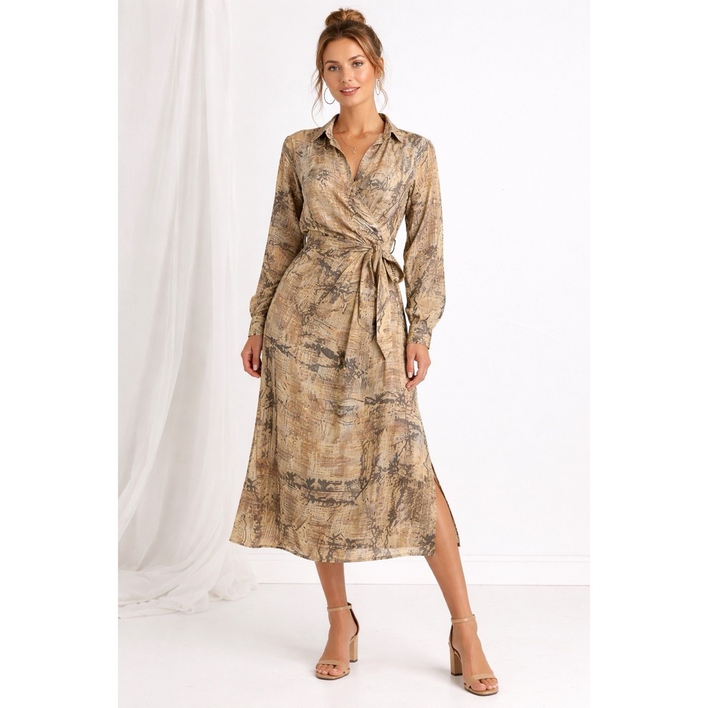 Dress Forum Silky Wray Midi Dress Tie Waist Abstract Tribal Print Earthy/ Boho L